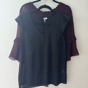 Bundle of 2 Max Studio Off Shoulder Burgundy  and Elle Sleeveless Sheer Blouses